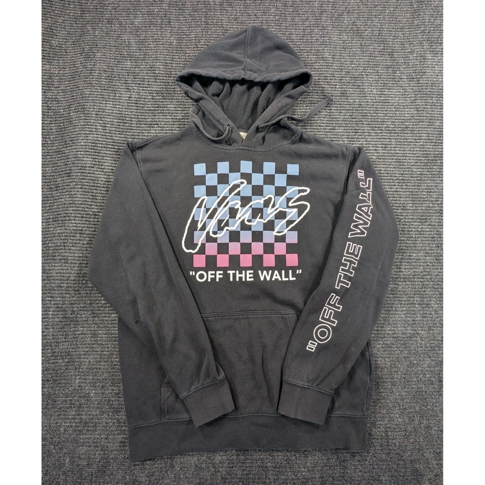 Vans Off The Wall Hoodie Mens Small Black Cotton Fleece Lined Checkered Graphic